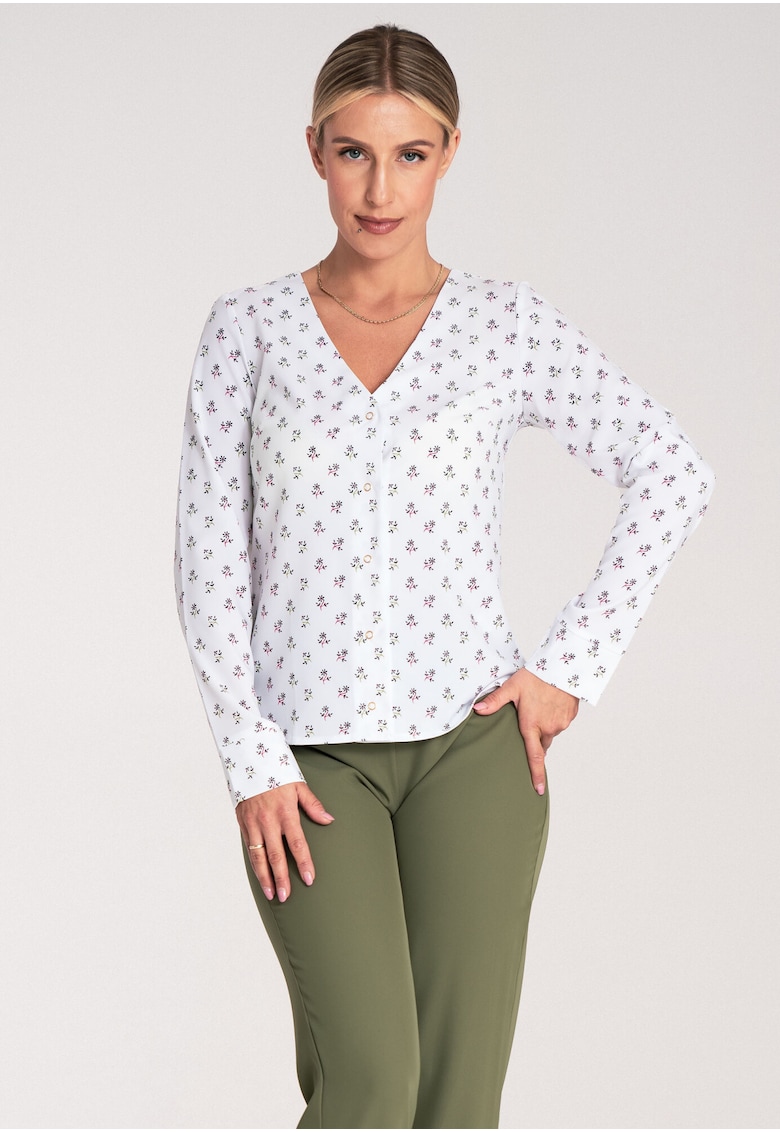 Bluza dama - Maneca lunga - Cu flori - Poliester/Elastan - Alb