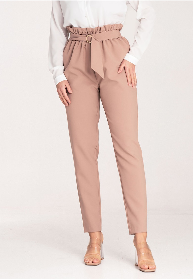 Pantaloni dama eleganti - talie inalta - bej - poliester