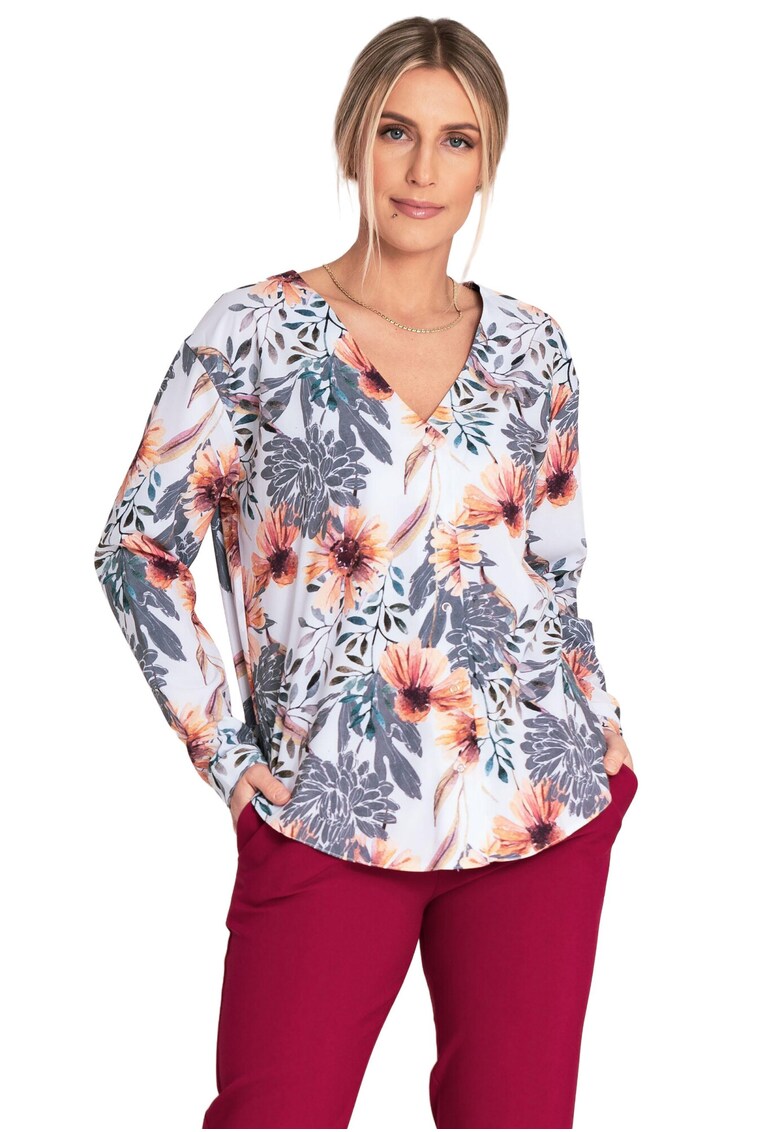 Bluza eleganta model cu decolteu in V - maneci lungi - multicolor - poliester-elastan