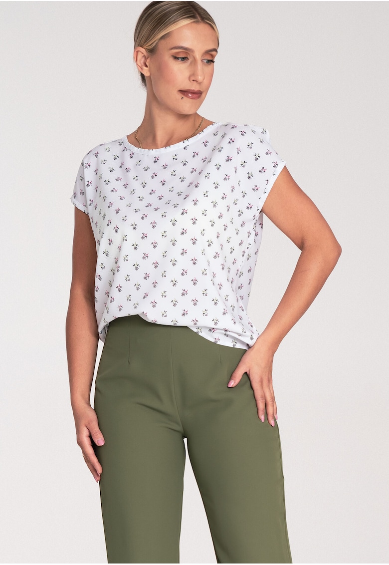 Bluza dama flori -  Poliester/Elastan - Maneca scurta - Alb