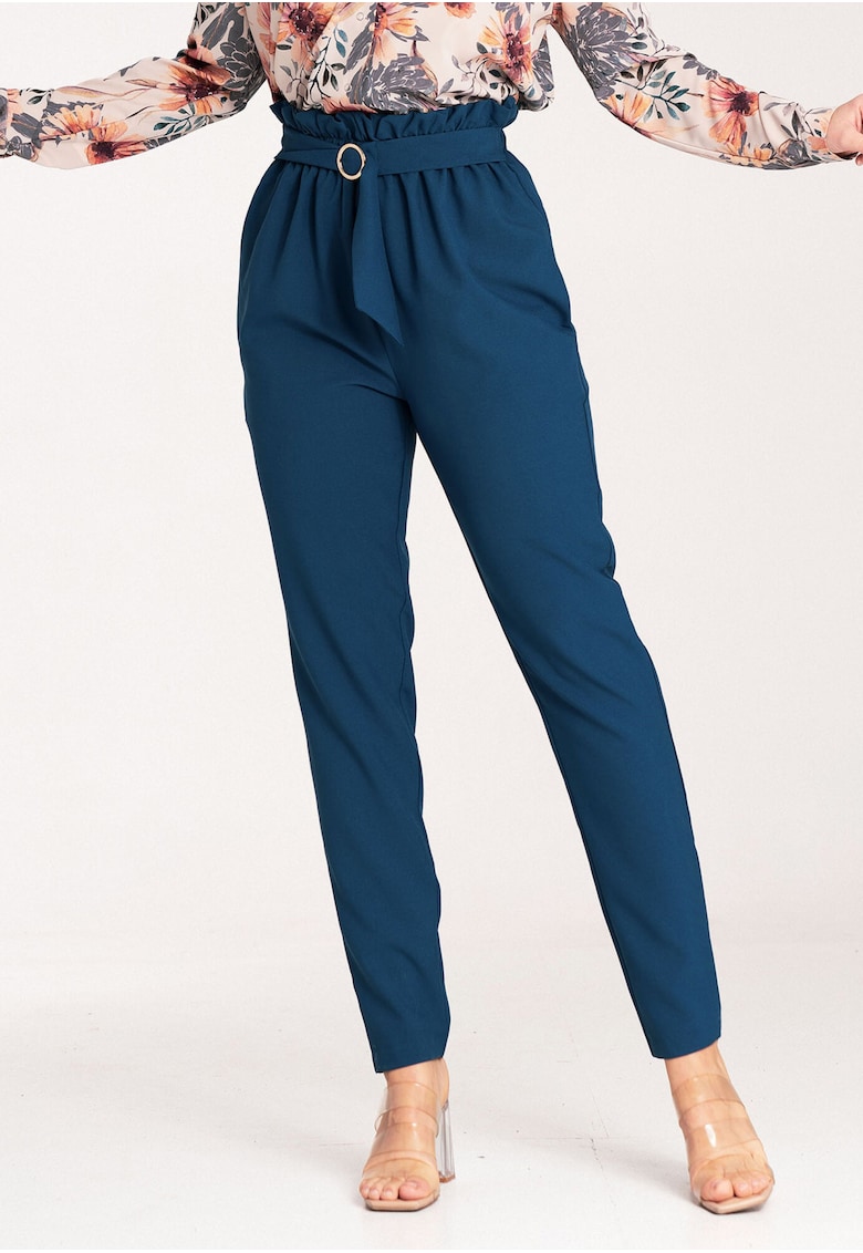 Pantaloni dama eleganti - talie inalta - albastru - poliester
