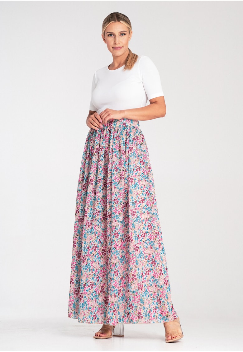 Fusta lunga plisata -  model floral - multicolor - textil