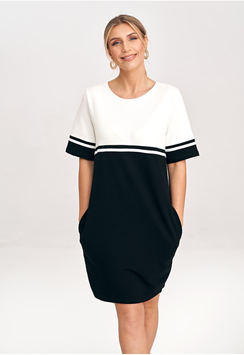 Rochie din bumbac M1028 - doua tonuri - maneci scurte - buzunare - alb/negru Rochie din bumbac M1028 - doua tonuri - maneci scurte - buzunare - alb/negru
