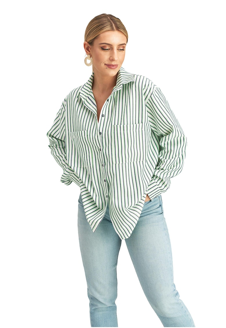 Camasa eleganta dama  model M1024 - dungi verzi si albe - poliester si viscoza Camasa eleganta dama  model M1024 - dungi verzi si albe - poliester si viscoza