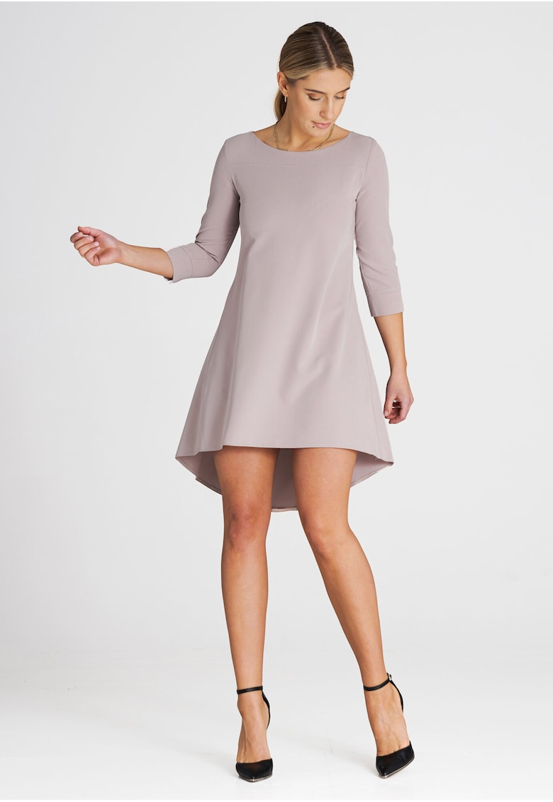 Rochie midi eleganta  bej - asimetrica - maneci 3/4 - poliester-viscoza