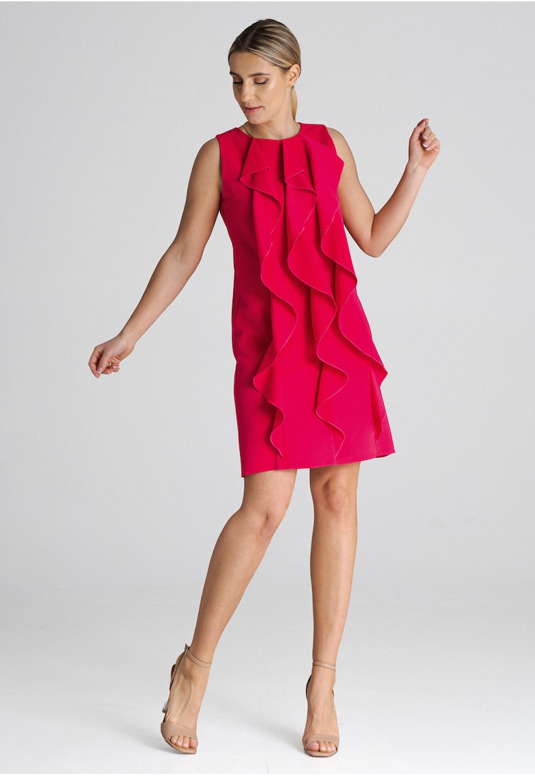 Rochie trapez M1002 - rosu - cu volane - 65% poliester - 35% viscoza