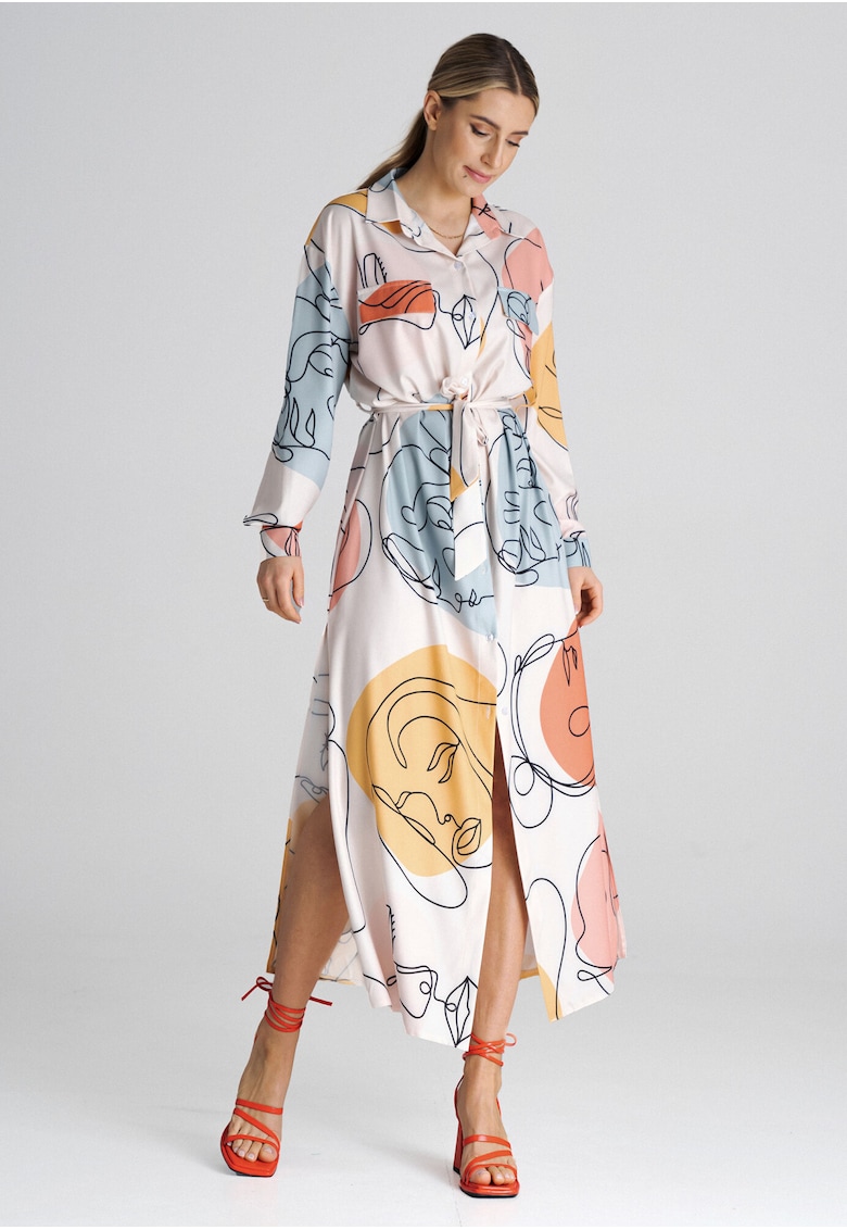 Rochie camasa lunga  M1000 - cu curea - multicolor - poliester 97% - elastan 3% -