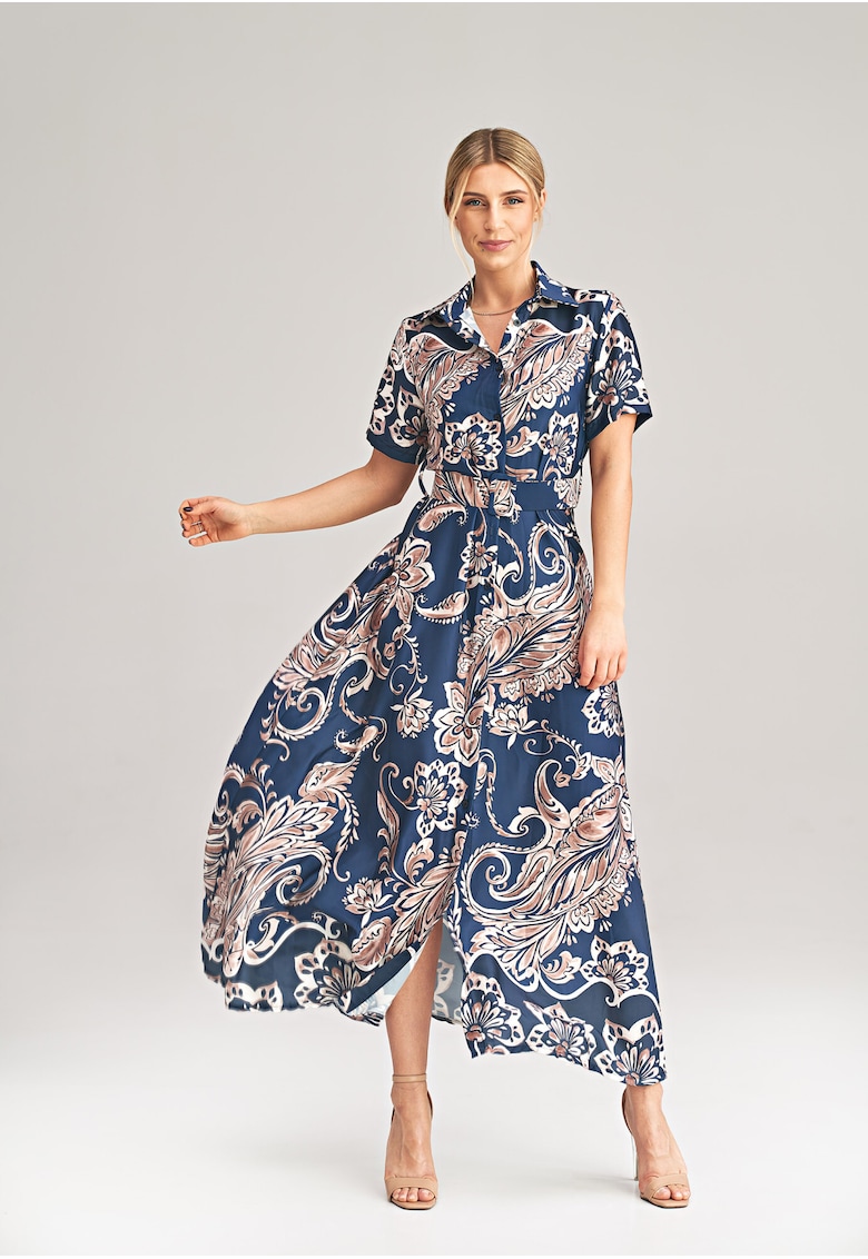 Rochie lunga poliester - bleumarin - cu flori - Rochie lunga poliester - bleumarin - cu flori -