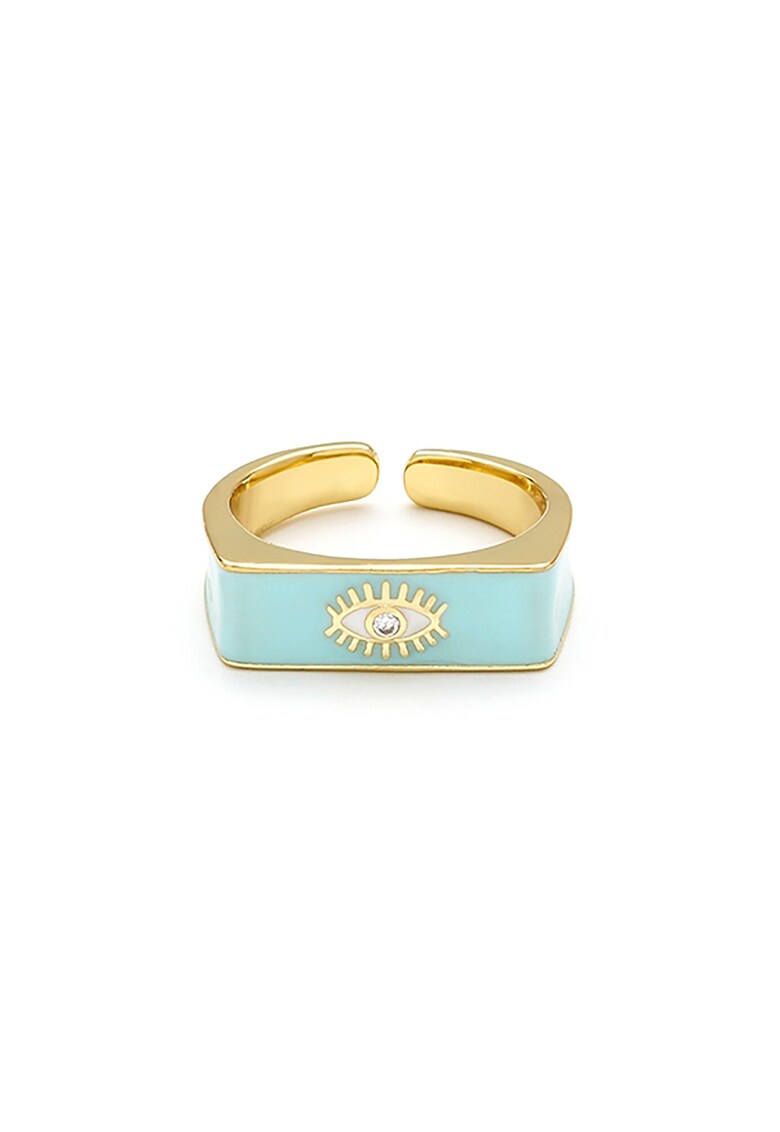 Inel elegant placat cu aur cu un motiv ochi pe fond albastru