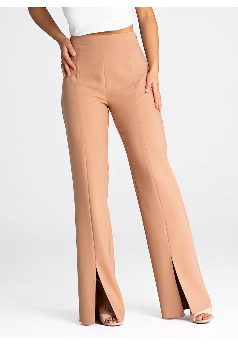 Pantaloni dama M955 - eleganti - cu talie inalta - plisati - maro - poliester - viscoza - elastan