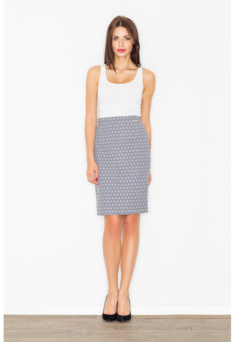 Fusta creion M516 - model geometric - eleganta - poliester - alb - albastru