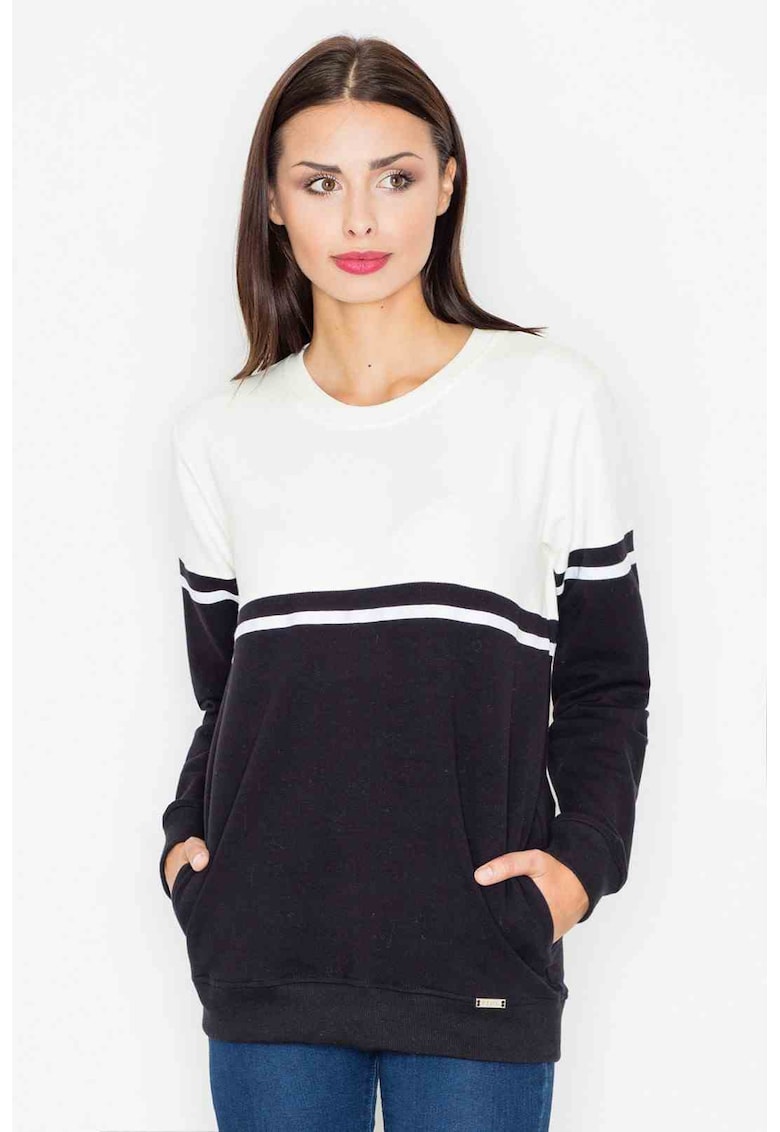 Hanorac dama bumbac - negru/ecru - maneca lunga - fara gluga