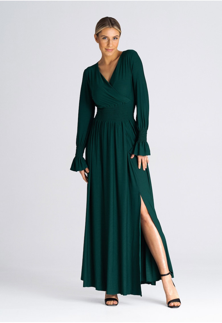 Rochie maxi verde - decolteu in V - talie elastica - poliester 95% - elastan 5% -