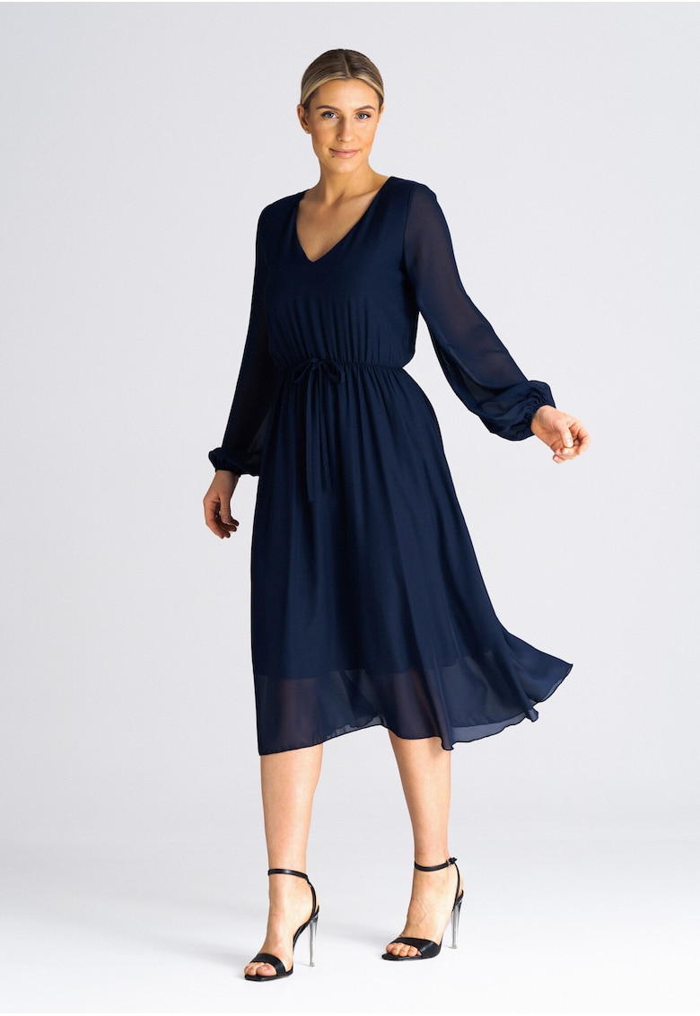 Rochie midi evazata - bleumarin - cu maneci bufante - poliester