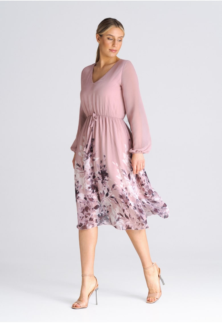 Rochie midi evazata - roz - poliester