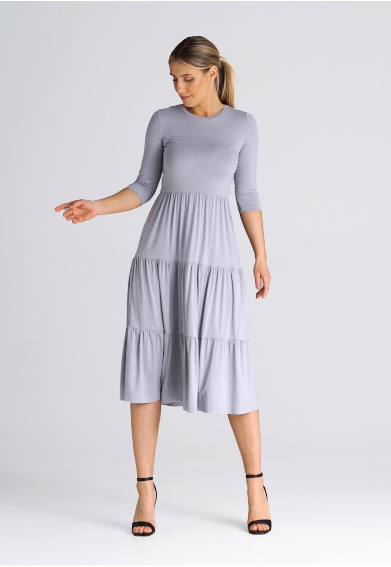 Rochie mulata cu volane - maneci 3/4 - gri - viscoza