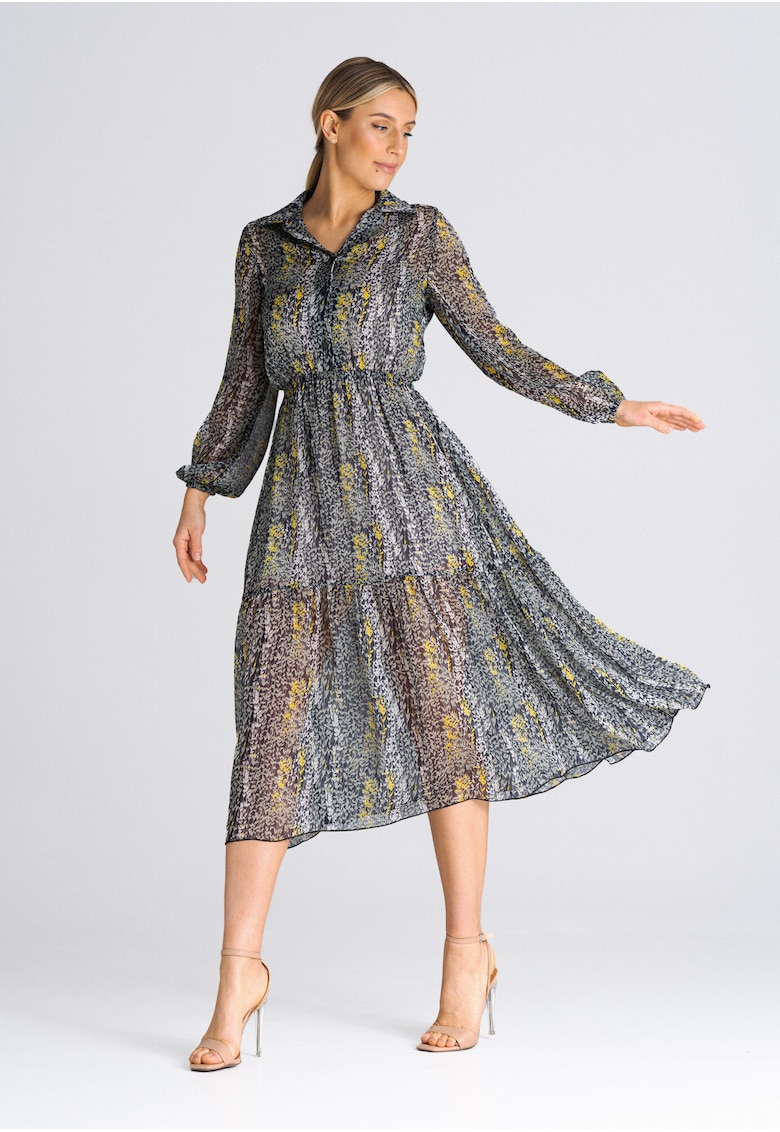 Rochie evazata - guler gri - floral - poliester
