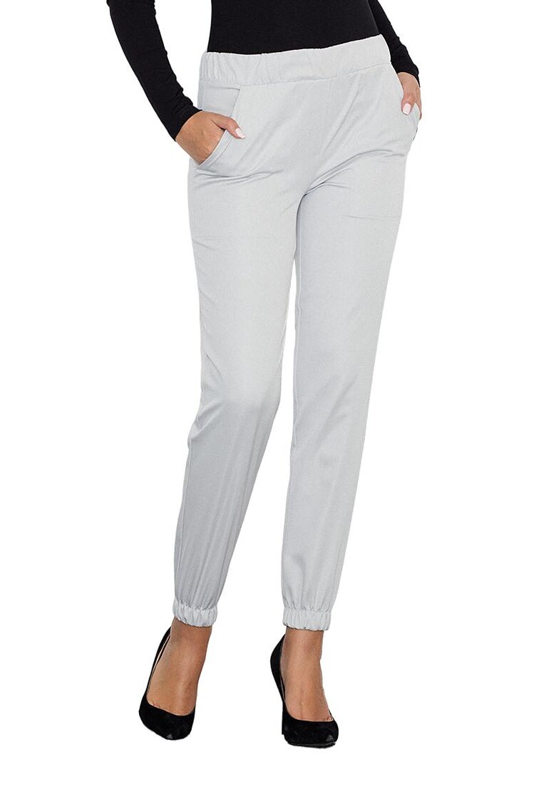 Pantaloni dama gri - cu talie elastica - buzunare - poliester/elastan -