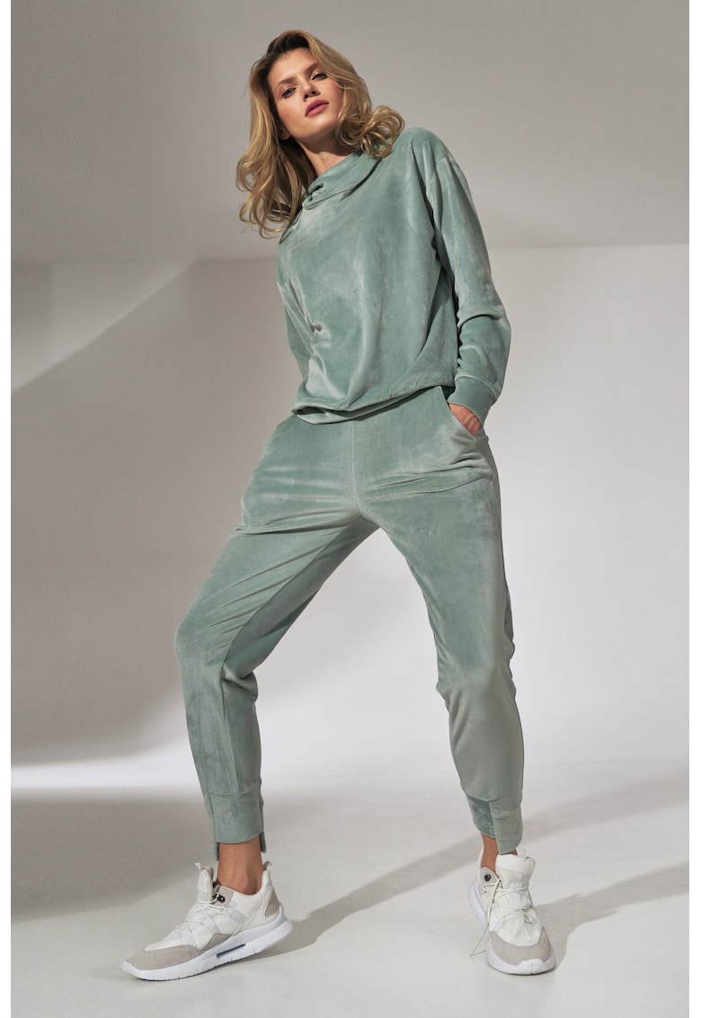 Set casual dama bluza lejera maneca lunga - pantaloni cu buzunare - verde deschis - velur