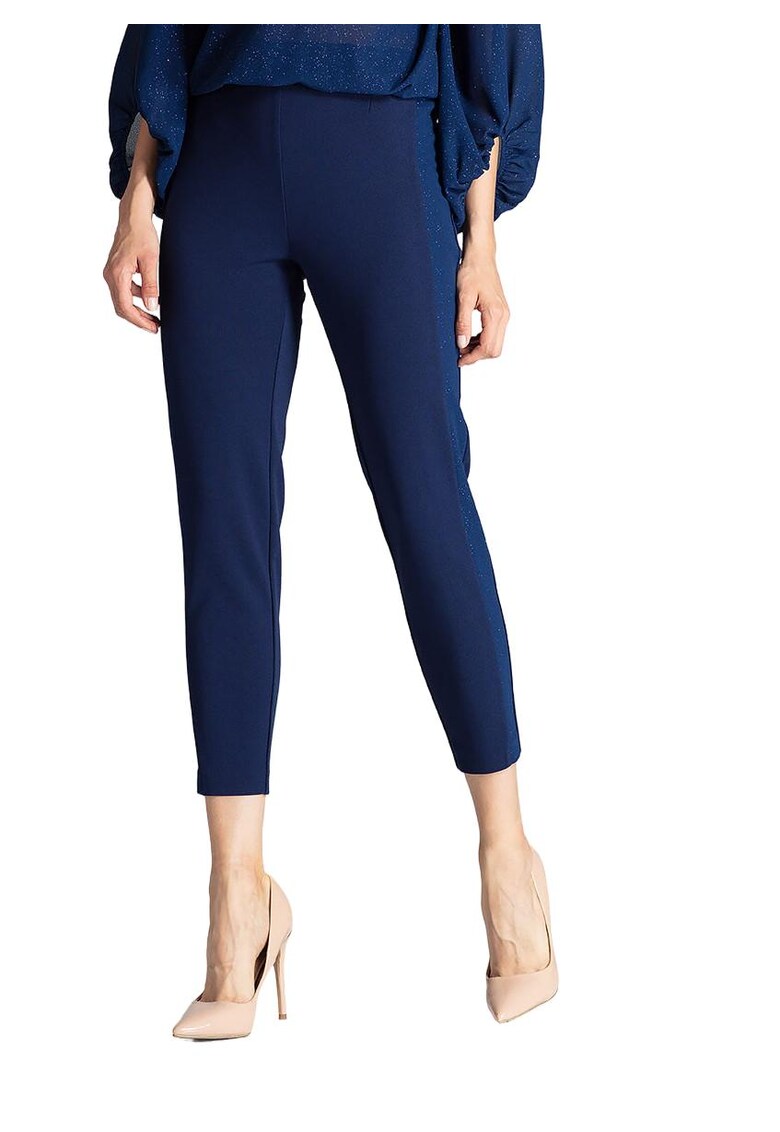 Pantaloni dama M689 - albastru - eleganti - talie inalta - poliester/elastan