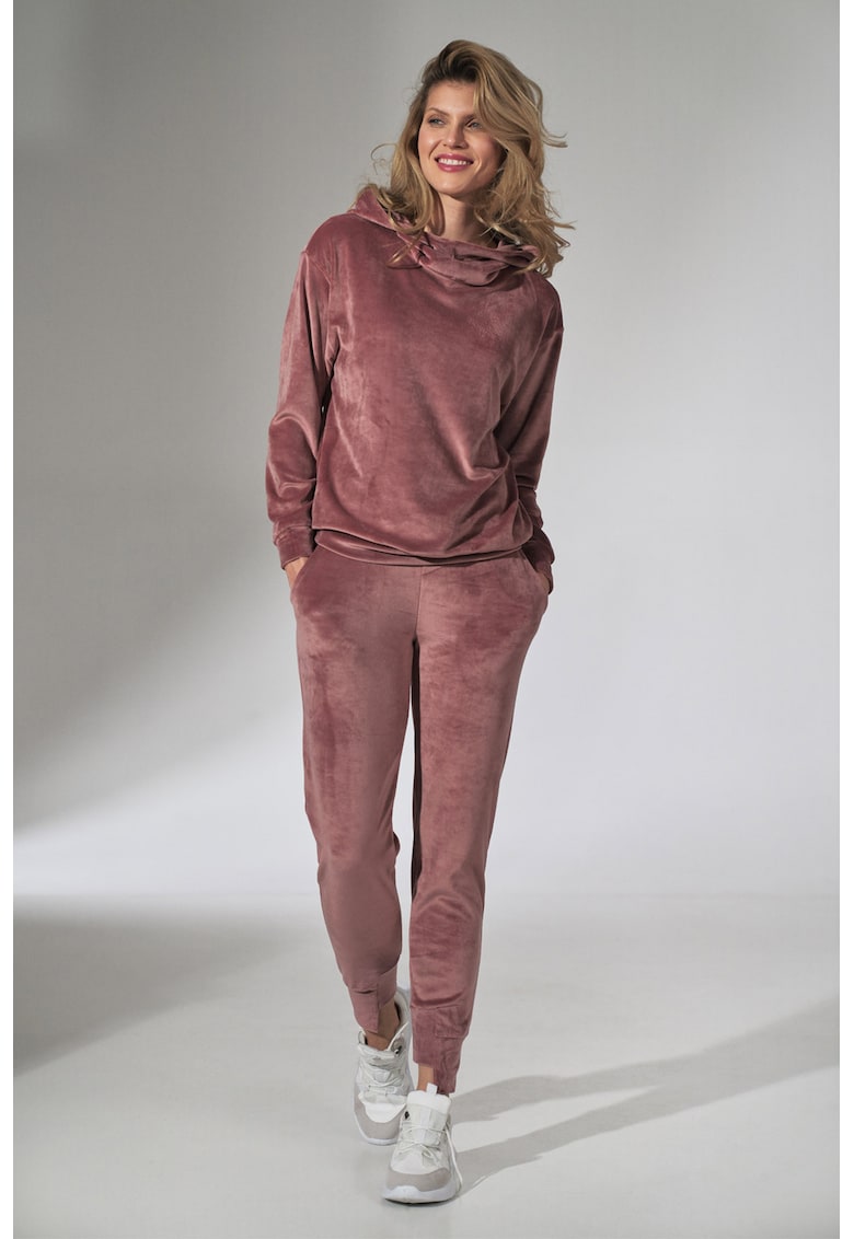 Set trening casual dama bluza lejera cu maneca lunga - pantaloni conici cu buzunare - roz - velur