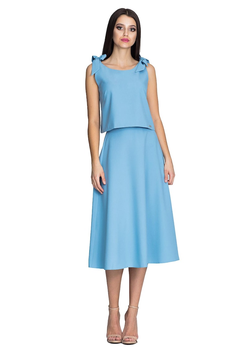 Set fusta si bluza albastru - bretele - fusta evazata