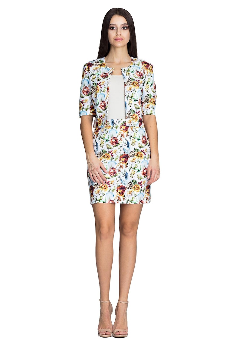 Set sacou si fusta fusta mini - geaca scurta - alb cu flori -