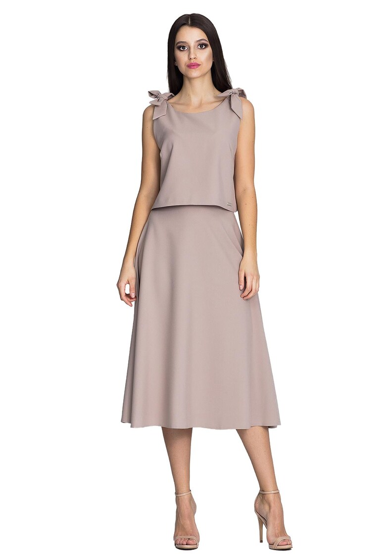 Set fusta si bluza top cu bretele - fusta evazata - bej - material poliester