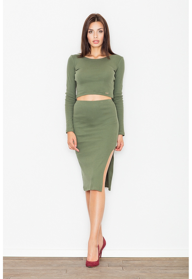 Set elegant dama crop top si fusta - verde masliniu - bumbac 98% elastan 2%