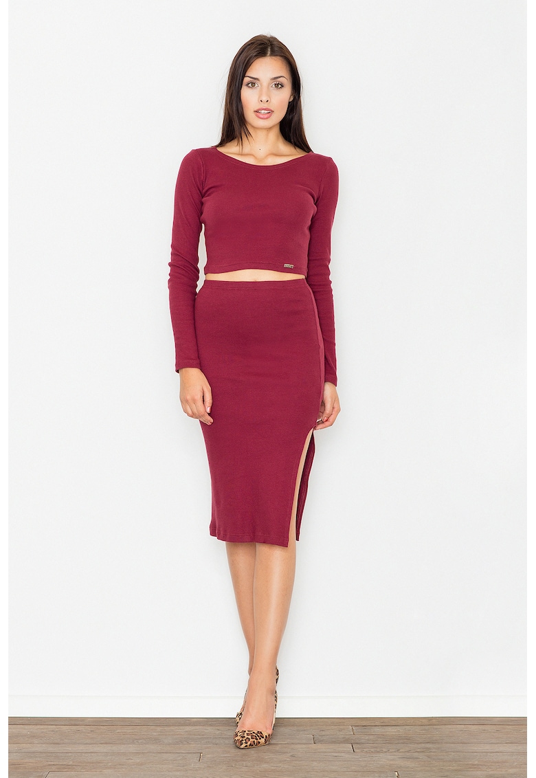 Set elegant M484 visiniu cu crop top si fusta - din bumbac - confortabil si modern