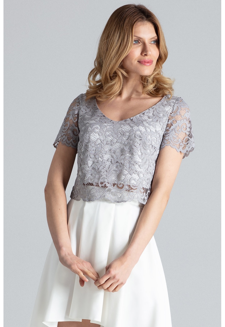 Set bluza si fusta top din dantela - fusta asimetrica - gri ecru - poliester 97% - elastan 3%