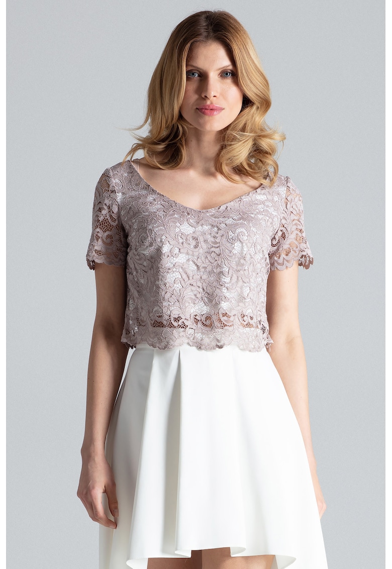 Set bluza si fusta dantela - asimetrica - bej ecru - poliester 97% - elastan 3%