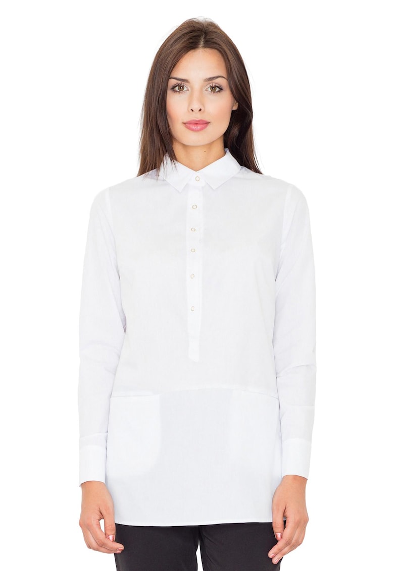Camasa lunga dama  alb - bumbac si poliester - cu buzunare - versatila