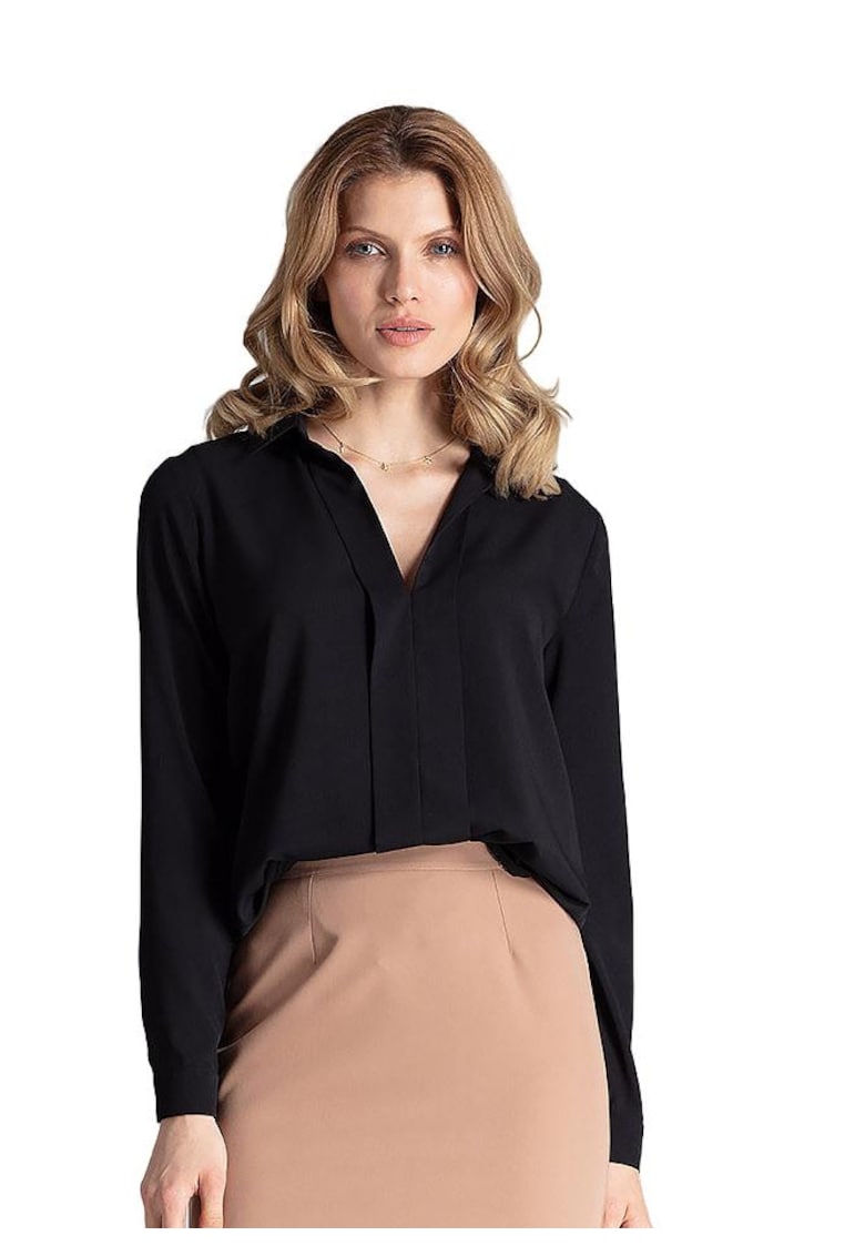 Bluza eleganta  M621 - negru - guler decorativ - poliester/viscoza - maneci lungi