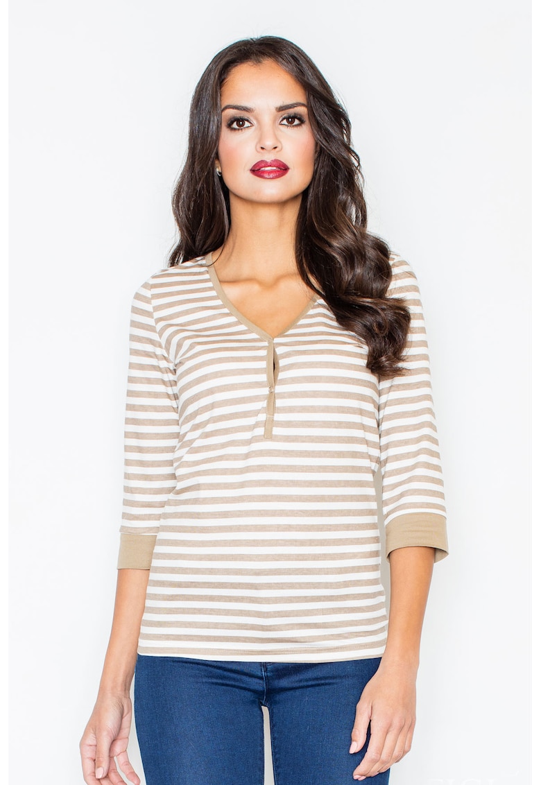 Bluza dama -  Bumbac/Elastan - Bej/Alb -