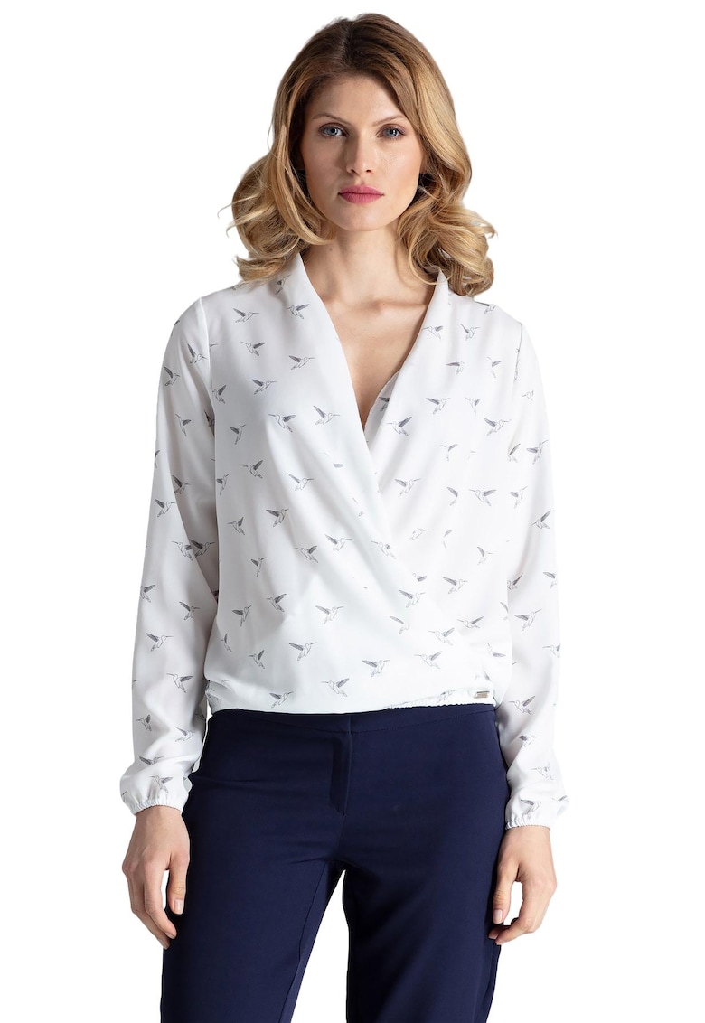 Bluza eleganta M371 - imprimeu cu pasari - alb - poliester