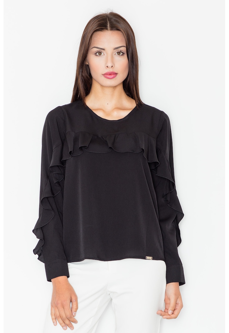 Bluza dama cu volane - Poliester/Elastan/Viscoza - Negru