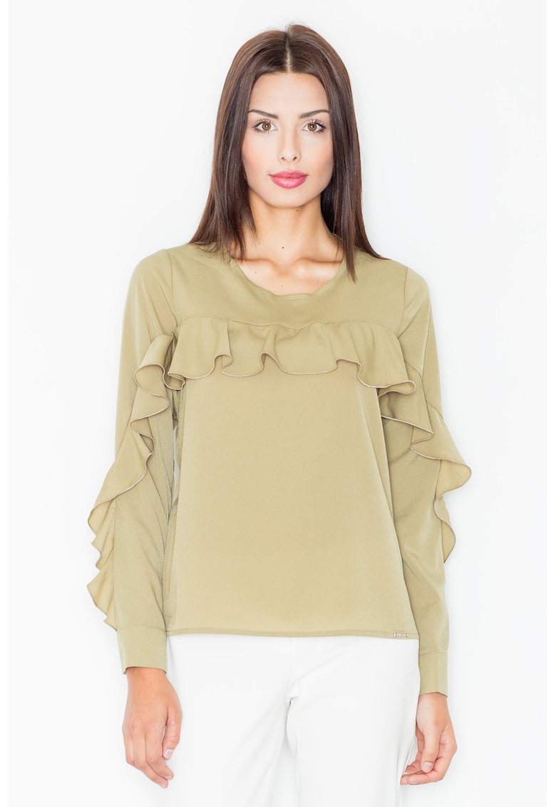 Bluza dama cu volane -  Poliester/Elastan/Viscoza - Masliniu