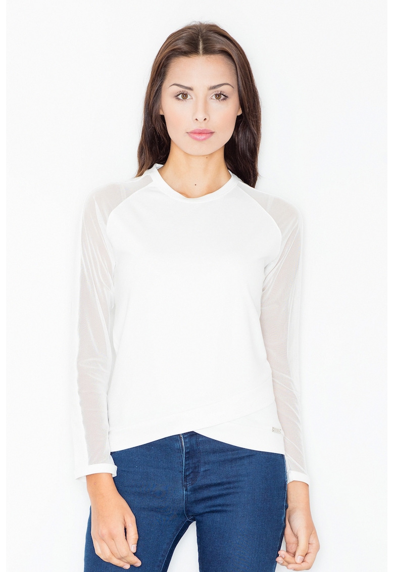 Bluza dama - Maneci plasa - Poliester/Elastan/Viscoza - Alb