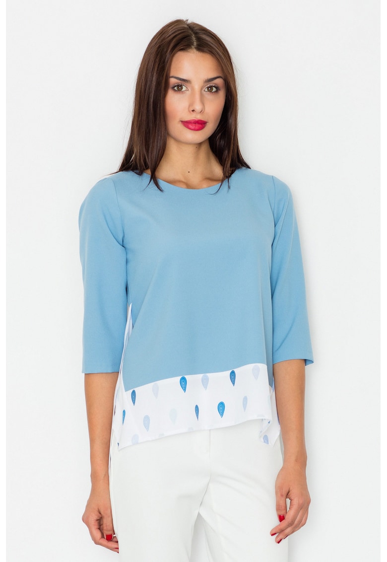 Bluza dama - Maneci trei sferturi - Poliester - Albastru deschis/Alb