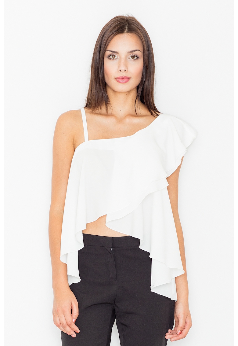 Bluza dama -  Poliester/Elastan/Viscoza - Cu volane - Alb