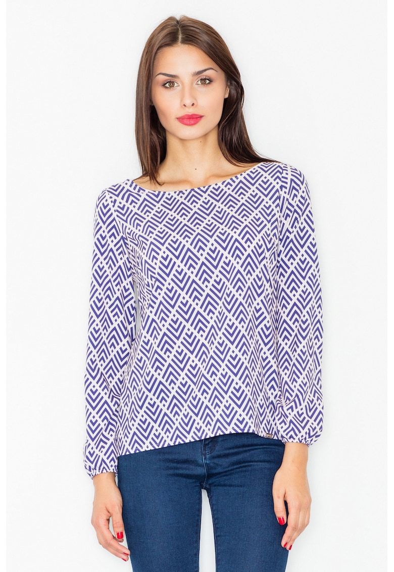 Bluza dama - Poliester/Elastan - Model geometric - Alb/Albastru -