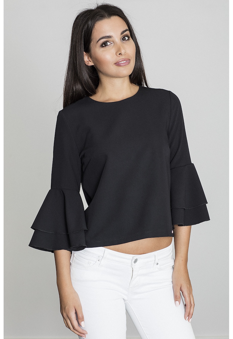 Bluza dama -  Cu volane - Poliester/Viscoza - Negru