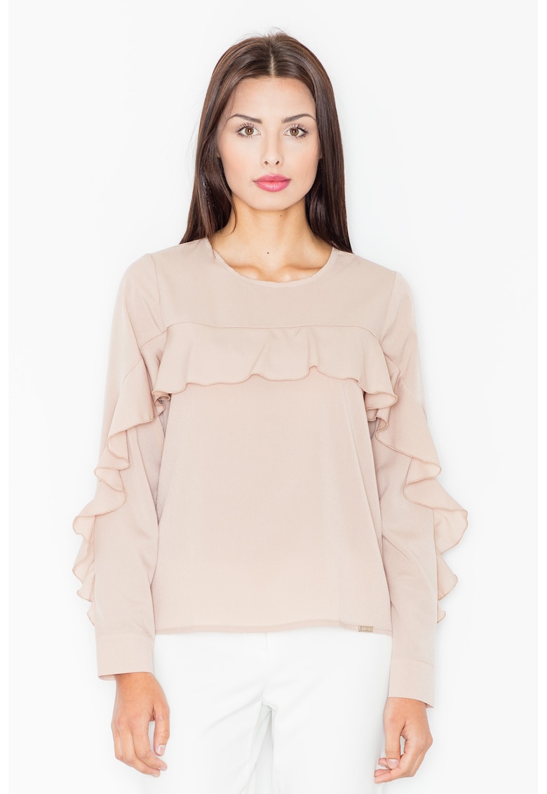 Bluza dama cu volane -  Poliester/Elastan/Viscoza - Bej -