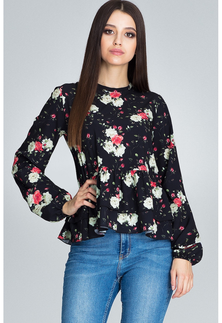 Bluza dama - Cu flori - Poliester/Elastan - Cu volane - Multicolor