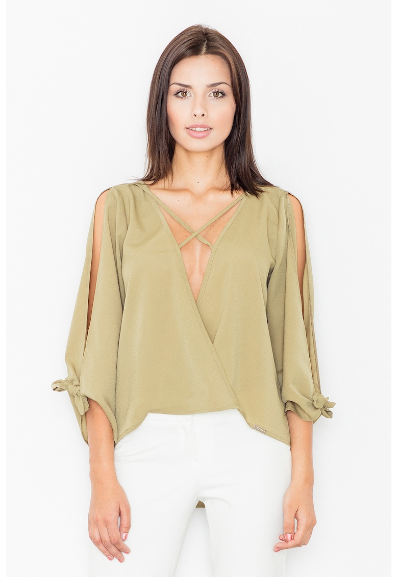 Bluza dama - Maneci decupate - Poliester/Elastan/Viscoza - Masliniu -