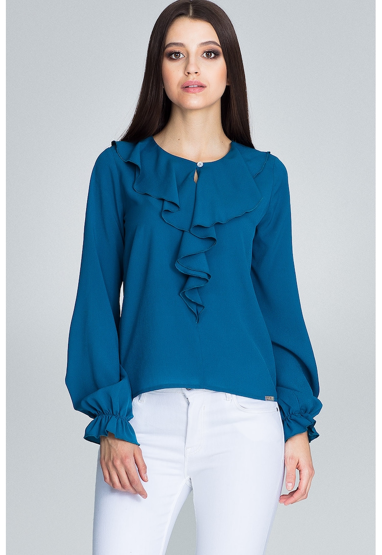 Bluza dama - Cu volane - Poliester/Elastan/Viscoza - Albastru -