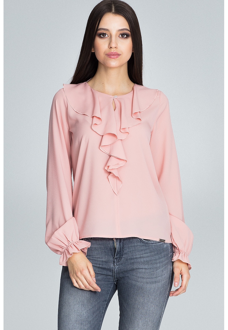 Bluza dama -  Cu volane - Poliester/Elastan/Viscoza - Roz -