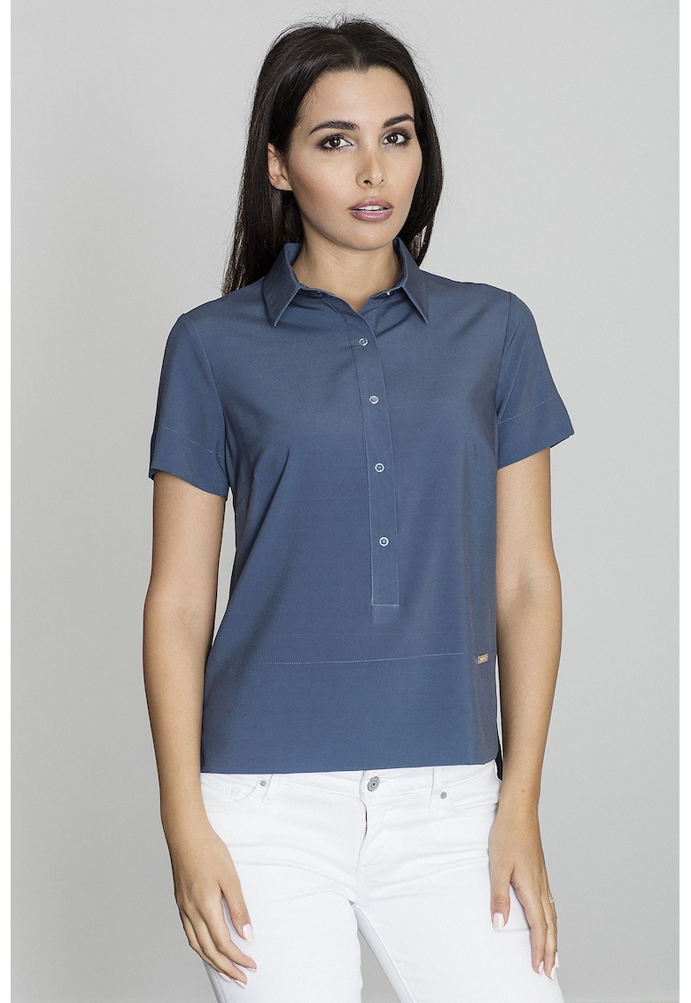 Bluza dama -  Tip camasa - Maneca scurta - Poliester/Elastan - Bleumarin -