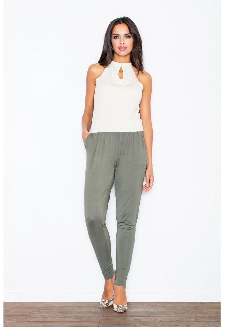 Salopeta dama - cu buzunare - fara maneci - poliester - masliniu